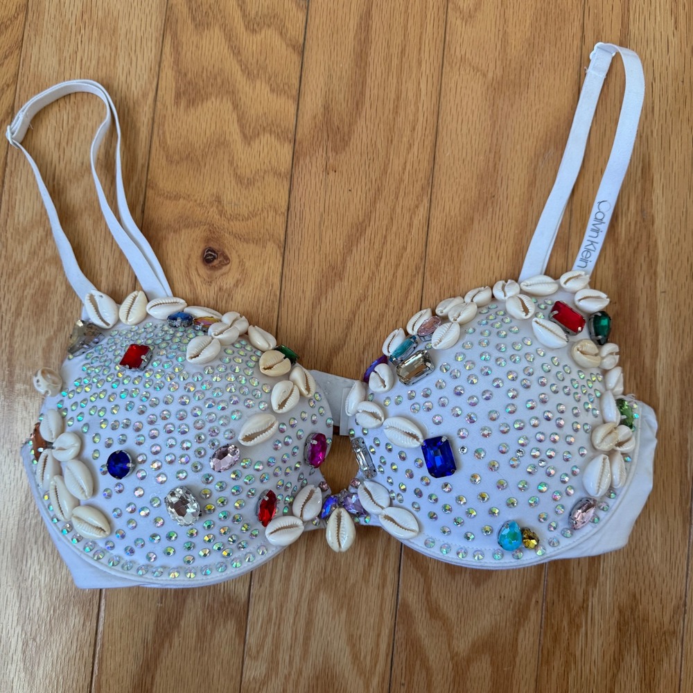 Custom Rhinestone Shell Mermaid Calvin Klein Bra Festival Beachwear sz 34C